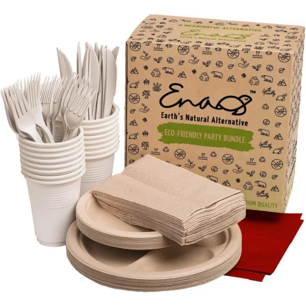 Dinnerware Set Compostable Paper Plates, Napkins, Biodegradable Utensils, Red Tablecloths
