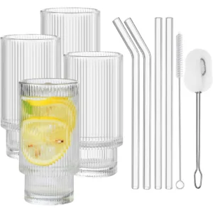 Ribbed Glassware Drinking Glasses with Straws Set of